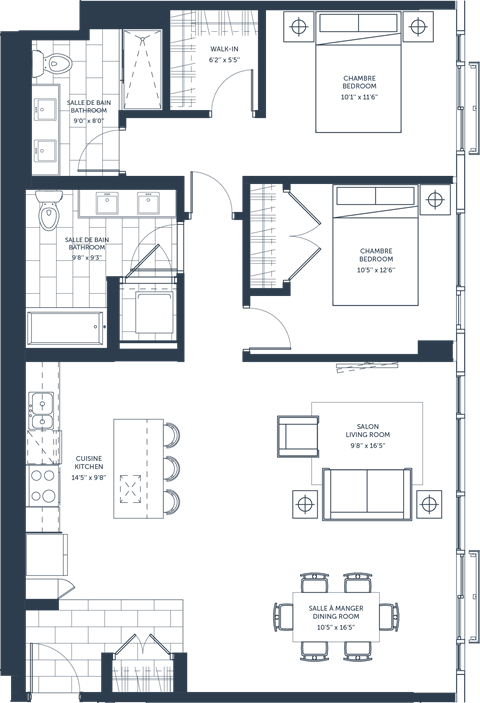Floor plan for 2 beds, 2 baths, 1137 sqft